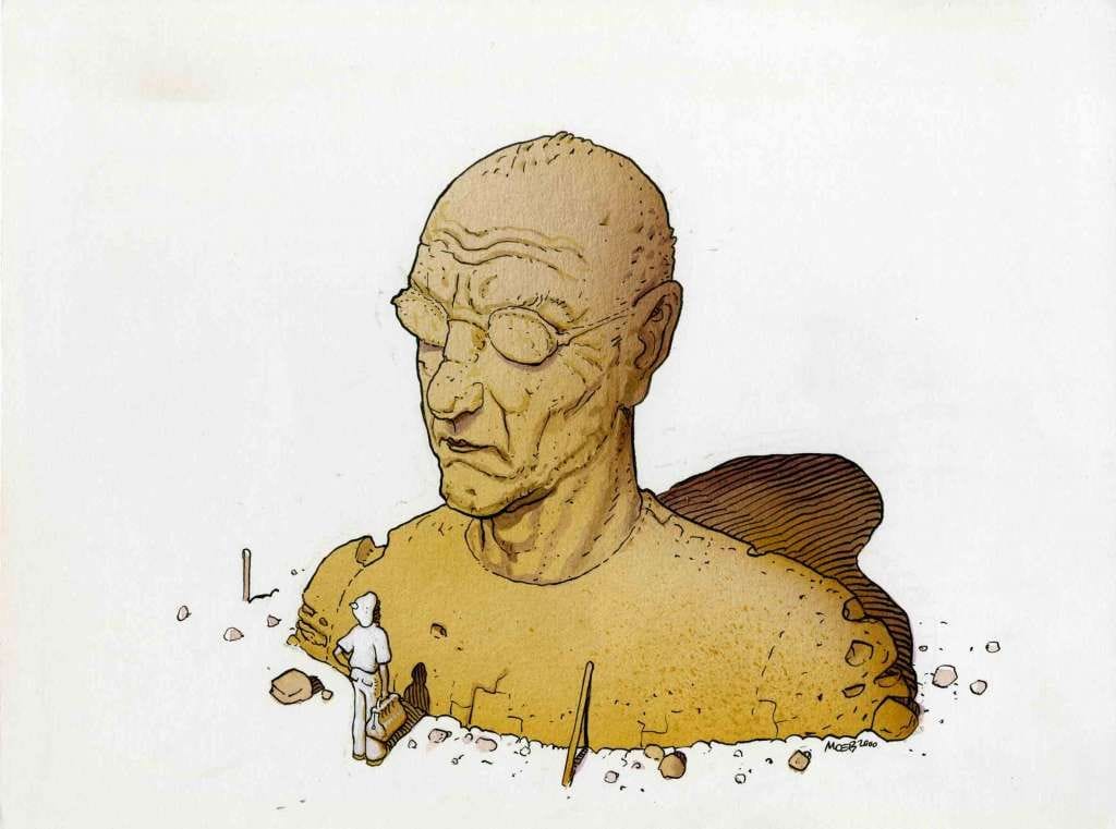 A self-portrait by Mœbius, depicting a statue of his own head and shoulders, with a tiny guy nearby staring up at it.