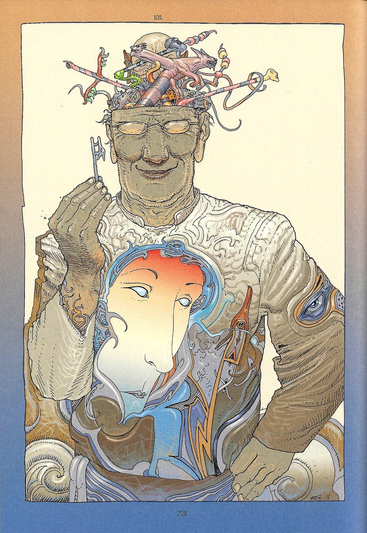 A trippy self-portrait by Mœbius, where he has a bunch of knick-knacks coming out of the top of his head