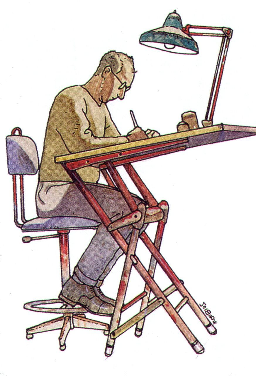 A simple self-portrait by Mœbius, at a drawing board