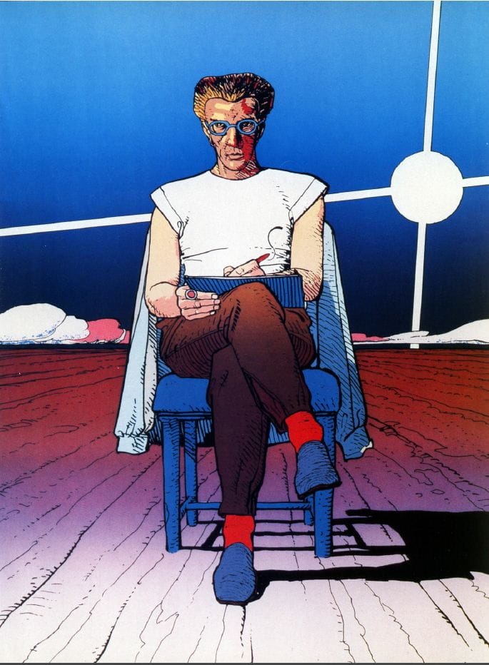 A stern self-portrait by Mœbius, where he's sitting in a chair drawing something