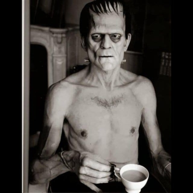 Boris Karloff (I think?) drinks from a tea cup with his pinky out while in costume as Frankenstein's monster.