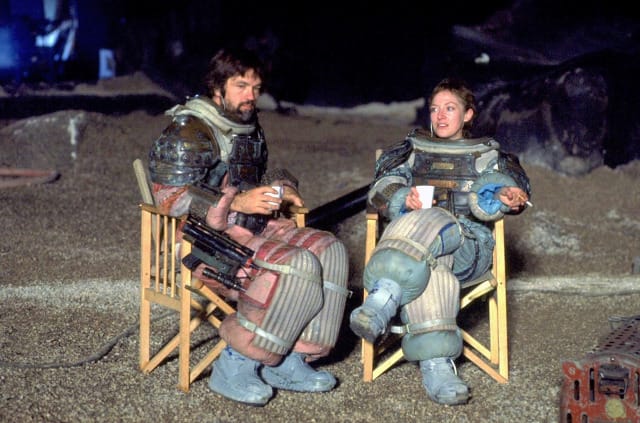 Tom Skerritt and Veronica Cartwright take five on the set of Alien.