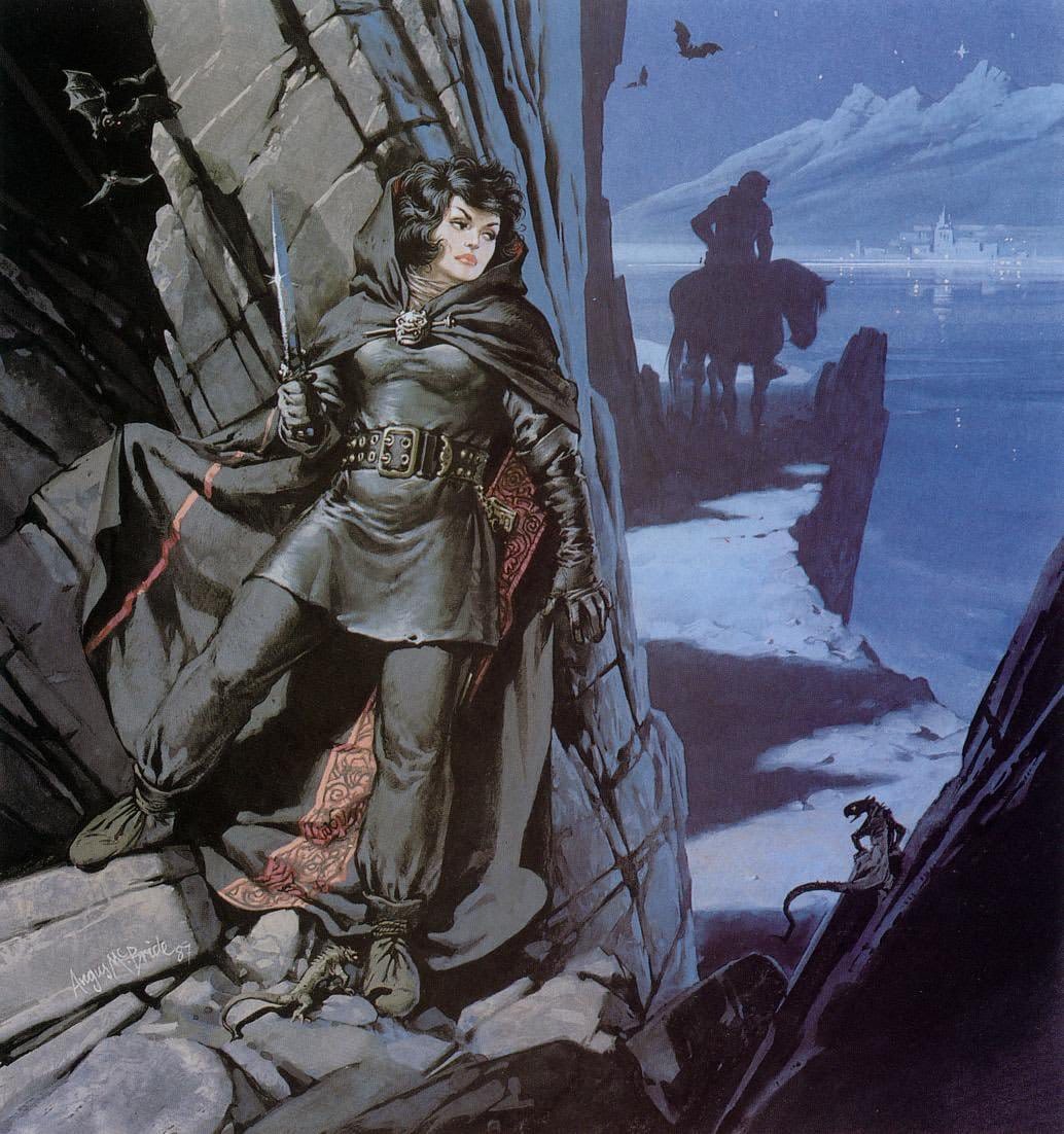 A badass woman holding a dagger, with bags on her feet, stands in hiding on a remote mountain pass, waiting to ambush a lone traveler on horseback.