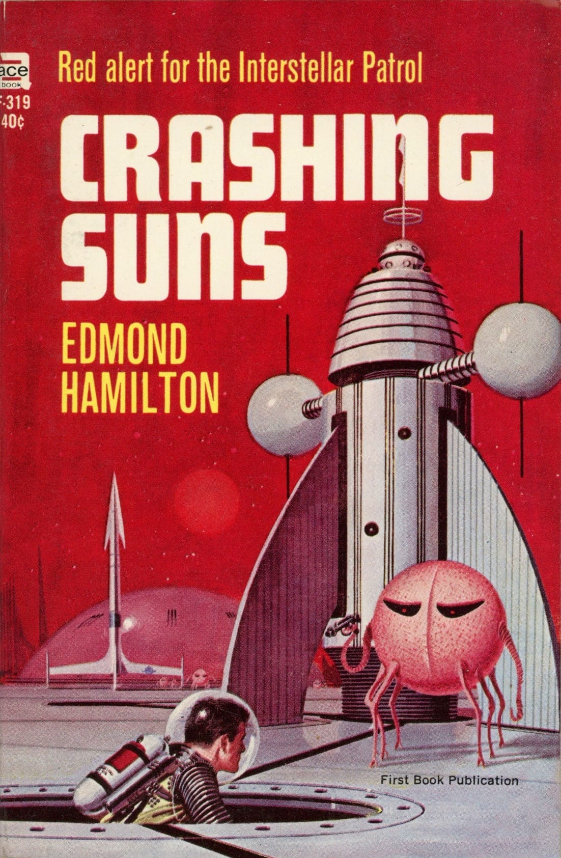 An astronaut pops out of a hatch to look at a pink spherical alien with six legs and two tentacles that is glaring at him and pointing a ray gun at him.