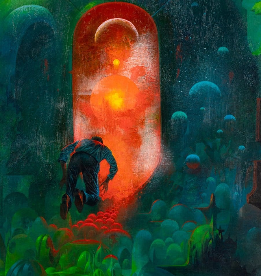 A man floats away from the viewer, through a blobby blue-green sci-fi landscape, headed toward an oblong portal to a bright orange sci-fi landscape.