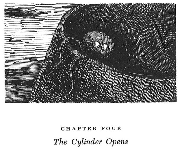 A black and white illustration of a ball with big glassy eyes that is sticking a few tentacles out of a spaceship. The text underneath it reads "Chapter four: The cylinder opens"