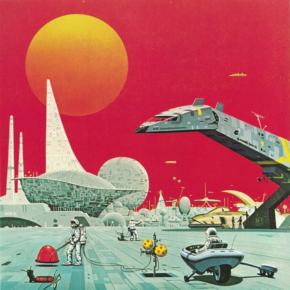 A runway with a crane-shaped spaceship on the right-hand side, and the futuristic spires and spheres of a city in the background, underneath a blood-red sky and a yellow sun. An astronaut floor buffer is on the lower left.